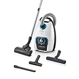Bosch Staubsauger mit Beutel ProSilence Serie 8 BGB75XSIL, Bodenstaubsauger, ideal für Allergiker, Hygiene-Filter, 10 Jahre Motorgarantie, Hartbodendüse, langes Kabel, Made in Germany, 650 W, weiß